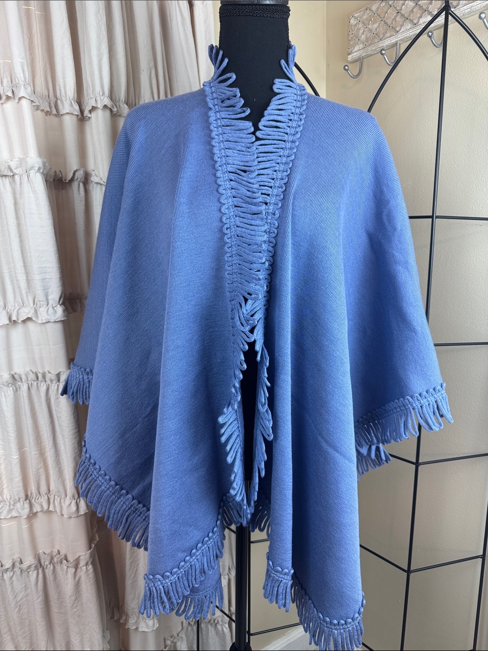 Coldwater Creek Periwinkle Fringe-Trim Poncho Shaw One Size NWT